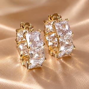 Geometric Hoop Earrings, Gold Tone Square Cut Crystal Look Huggie Earrings, Sparkling White or Black Statement Hoops, Elegant Gift for Her
