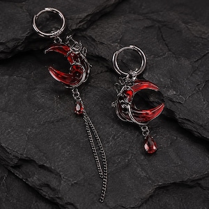 Asymmetrical Red Crescent Moon Earrings, Gothic Rose Crystal Tassel Jewelry