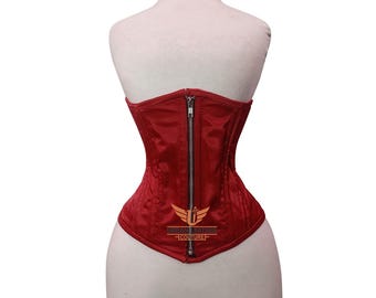 Satin Corset Zipper Underbust Waist Trainer – Steel Boned Cincher | Gothic Steampunk Curve Shaper P10SZ