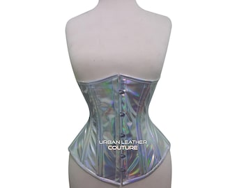 Metallic Silver PVC Underbust Corset – Steel Boned, Rainbow Effect