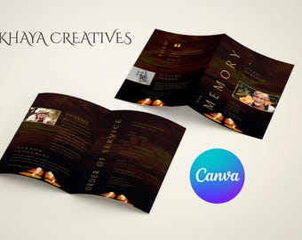 Plantilla de programa funerario, folleto de celebración de la vida (editable en Canva), negro y dorado