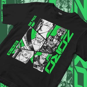 Camiseta de manga corta unisex de estilo urbano con diseño de espadachín de anime verde