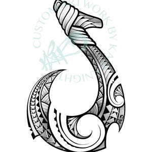 May include: Black and white illustration of a stylized fish hook, featuring intricate geometric patterns and tribal designs. The hook is curved with a pointed tip and a wrapped handle. The text "CUSTOM ARTWORK BY KA" is visible.