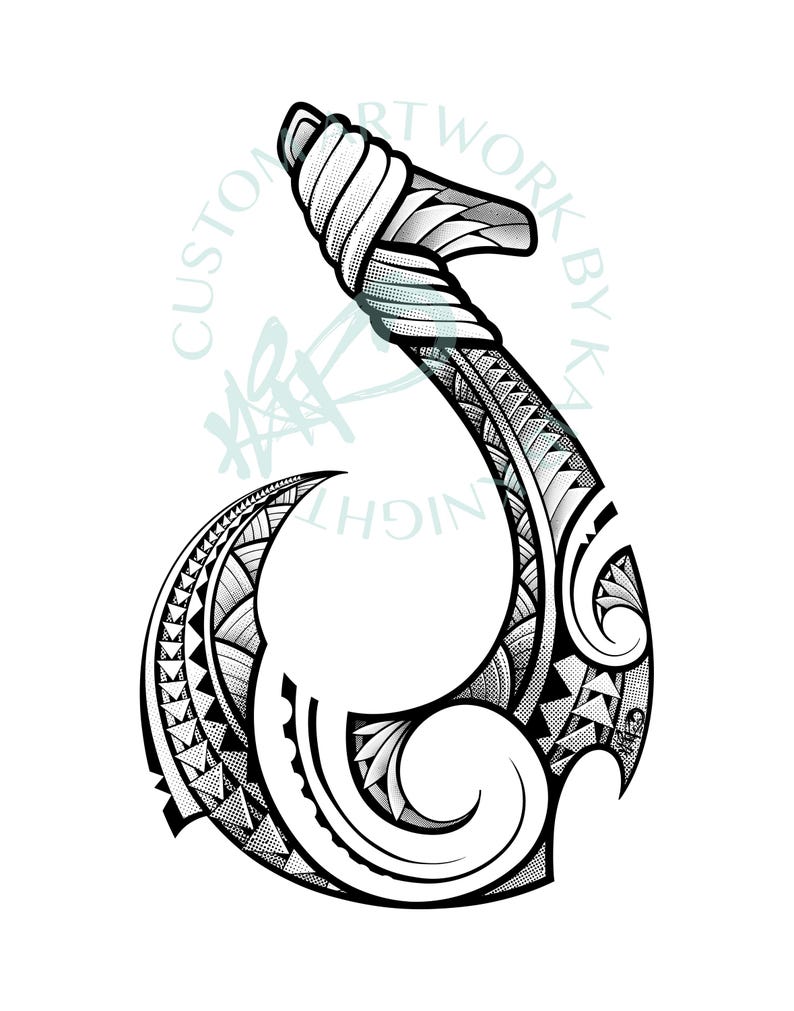 May include: Black and white illustration of a stylized fish hook, featuring intricate geometric patterns and tribal designs. The hook is curved with a pointed tip and a wrapped handle. The text "CUSTOM ARTWORK BY KA" is visible.