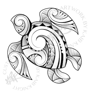 May include: Black and white illustration of a sea turtle with intricate tribal patterns. The design features swirling lines, geometric shapes, and dot shading, creating a detailed and artistic representation of the turtle.