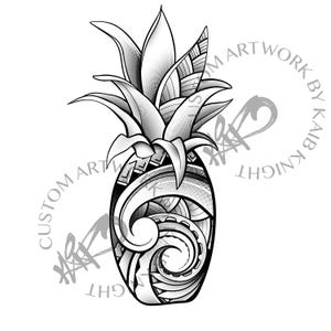 Puede incluir: Ilustración en blanco y negro de una piña con intrincados patrones de estilo tribal. La corona presenta hojas detalladas, mientras que el cuerpo muestra diseños en espiral y formas geométricas. El texto "CUSTOM ARTWORK BY KAIB KNIGHT" está en un patrón circular.