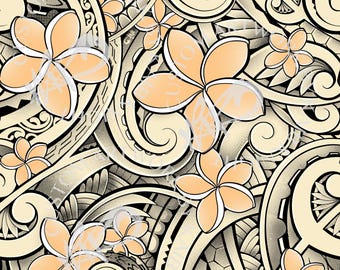 PNG Polynesian Tribal Seamless Pattern • Traditional Motif & Plumeria • Hawaiian Digital Download