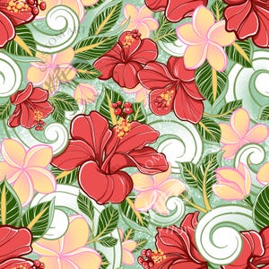 May include: A vibrant floral pattern featuring red hibiscus and yellow plumeria flowers with green leaves and white swirls on a light green background. The design is a seamless repeat, perfect for fabric or wallpaper.