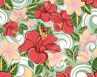 PNG Hawaiian Christmas Pattern | Tropical Hibiscus & Plumeria (Digital Download)
