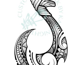 May include: Black and white illustration of a stylized fish hook with intricate tribal patterns. The hook features detailed geometric designs and swirling elements, with the text "CUSTOM ARTWORK BY KA NIGHT" in a light teal color.