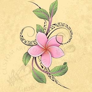 May include: A pink plumeria flower with green leaves and a black tribal design on a beige background. The flower has five petals and a yellow center. The leaves are green with pink veins. The tribal design is a swirling pattern.