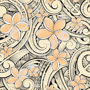 Könnte beinhalten: Ein sich wiederholendes Muster mit stilisierten pfirsichfarbenen Plumeria-Blüten mit weißen Umrissen, vor einem cremefarbenen und schwarzen Hintergrund. Das Design integriert wirbelnde Formen und geometrische Elemente und schafft eine tropische, künstlerische Ästhetik.