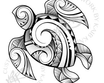 May include: Black and white illustration of a sea turtle with intricate tribal patterns. The design features swirling lines, geometric shapes, and dot shading, creating a detailed and artistic representation of the turtle.