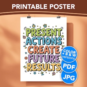 May include: A white printable poster with the words "PRESENT ACTIONS CREATE FUTURE RESULTS" in colorful bubble letters. The poster is held by two black clips. A blue circle with "COLOR + B&W versions", "PDF", and "JPG" is on the right.