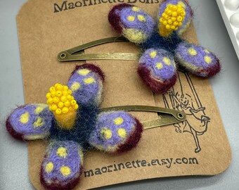 Needle Felted Flower Barrettes, hair flowers, Pair, Unique Barrettes, Children&#39;s Hair, Hair accessories, hair clips, wool felted, snap clip