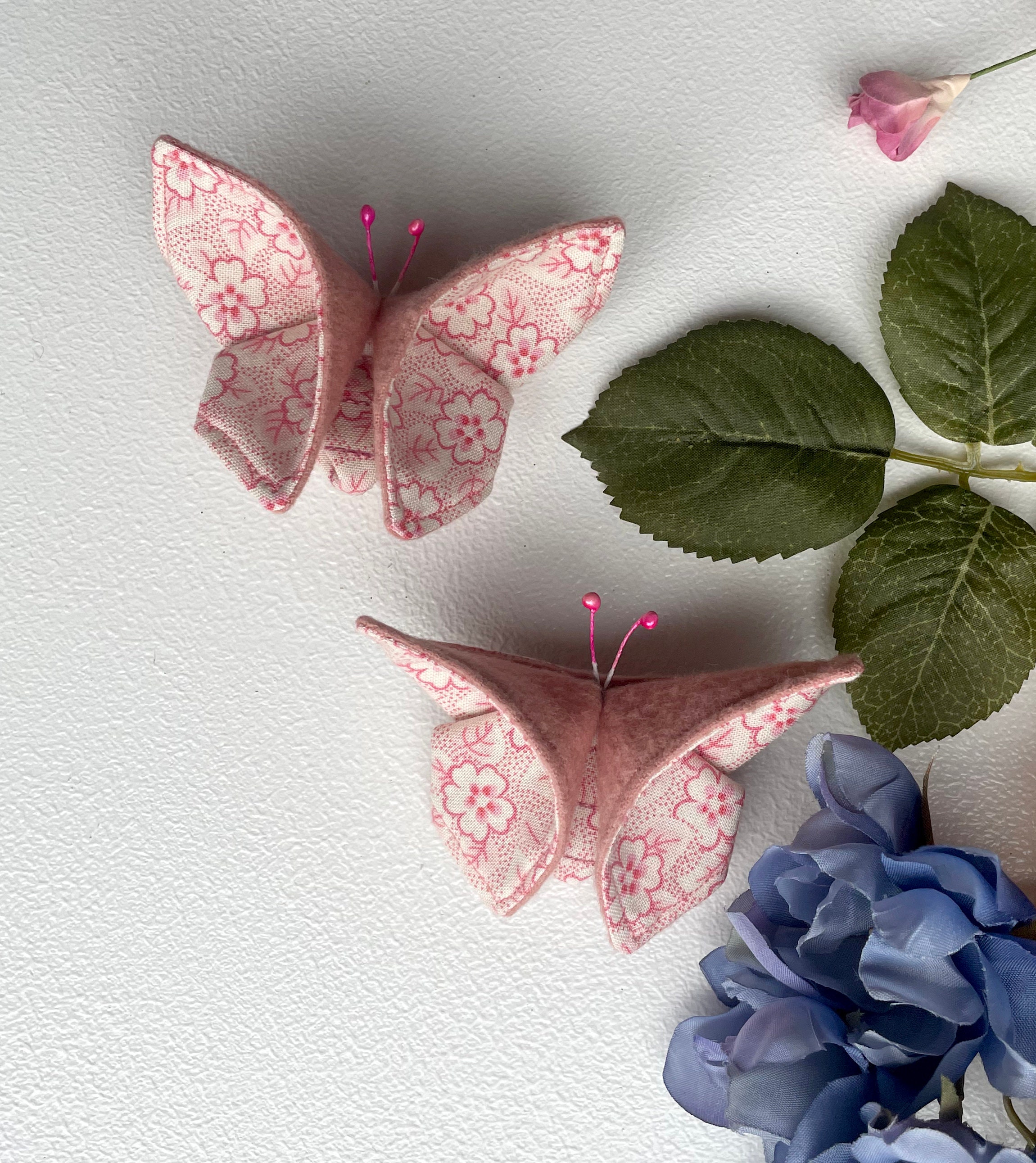 Butterfly Barrettes, Scrappy, Set of 2, Pink Flowers, Unique Barrettes, One of a kind, Hair accessories, hair clips, flannel, cotton