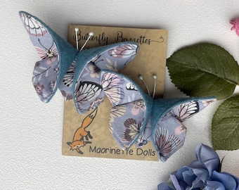 Butterfly Barrettes, Scrappy, Set of 2, Blue Butterflies, Unique Barrettes, One of a kind, Hair accessories, hair clips, flannel, cotton