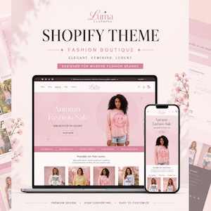 Feminine Shopify Theme, Pink Fashion Boutique Website Template, No Code, Free Installation