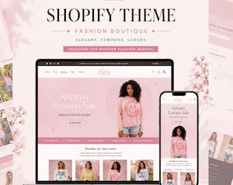Feminine Shopify Theme, Pink Fashion Boutique Website Template, No Code, Free Installation