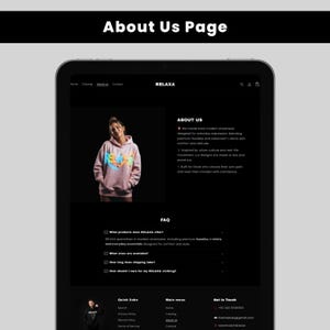 May include: A digital tablet displays the "About Us" page of the RELAXA website. The page features a woman wearing a pink hoodie with colorful text. The website's content includes text about the brand's streetwear and FAQ.
