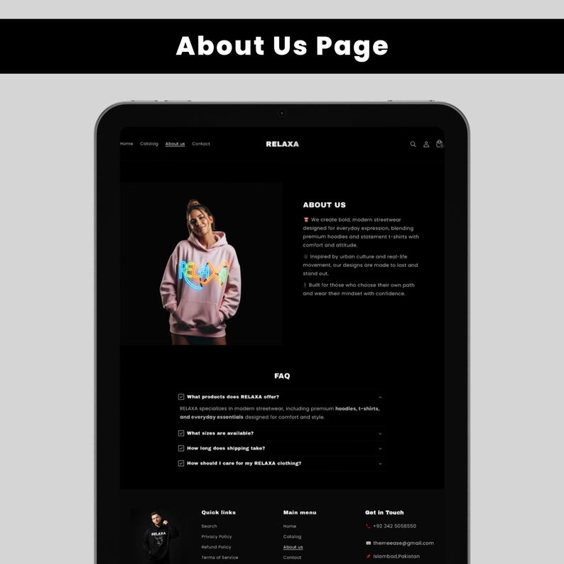 May include: A digital tablet displays the "About Us" page of the RELAXA website. The page features a woman wearing a pink hoodie with colorful text. The website's content includes text about the brand's streetwear and FAQ.