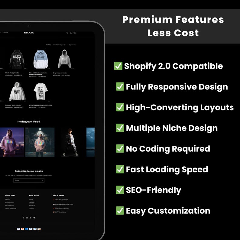 May include: A digital tablet displays a website interface with clothing items, including hoodies and t-shirts. The screen showcases the text "Premium Features Less Cost" and lists features like "Shopify 2.0 Compatible" and "SEO-Friendly."