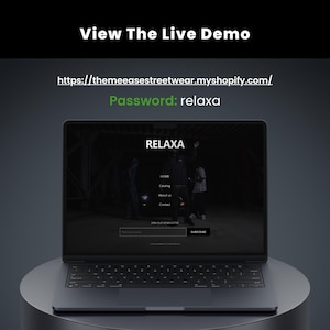 May include: A laptop displaying a website with the word "RELAXA" at the top. The website's homepage features a dark background with a photo of people. The text "View The Live Demo" and a URL are at the top.