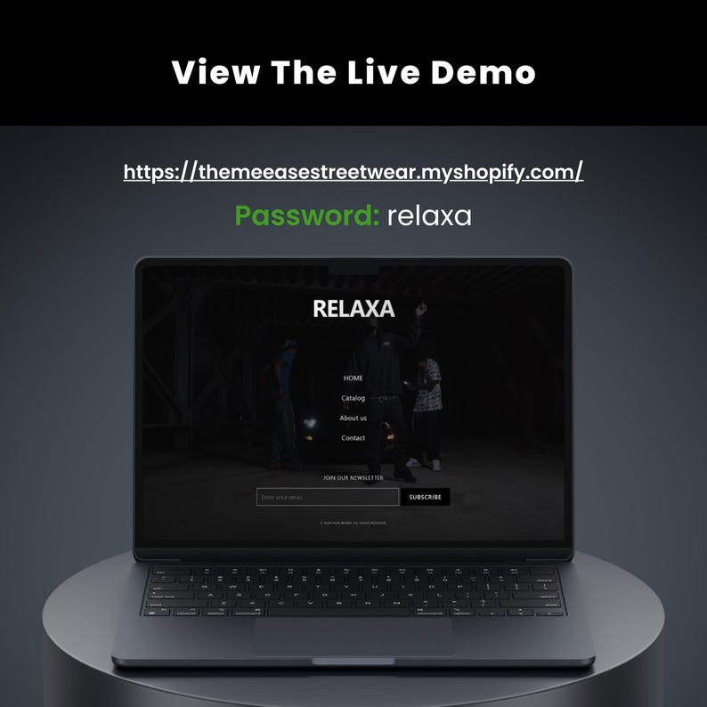May include: A laptop displaying a website with the word "RELAXA" at the top. The website's homepage features a dark background with a photo of people. The text "View The Live Demo" and a URL are at the top.