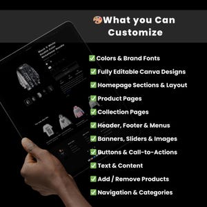 May include: A tablet displays a website interface with a black and white streetwear hoodie product listing. The screen shows customization options, including colors, fonts, design, homepage sections, product pages, and navigation.