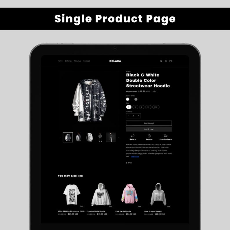 May include: A black tablet displays an e-commerce product page for a black and white double-color streetwear hoodie. The hoodie has the text "TRENDE UP" on the sleeves. Below are similar items.
