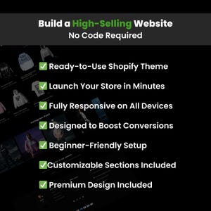 May include: A promotional image with the text "Build a High-Selling Website" and "No Code Required." Features include a ready-to-use Shopify theme, quick store launch, responsive design, conversion-focused design, beginner-friendly setup, customizable sections, and premium design.