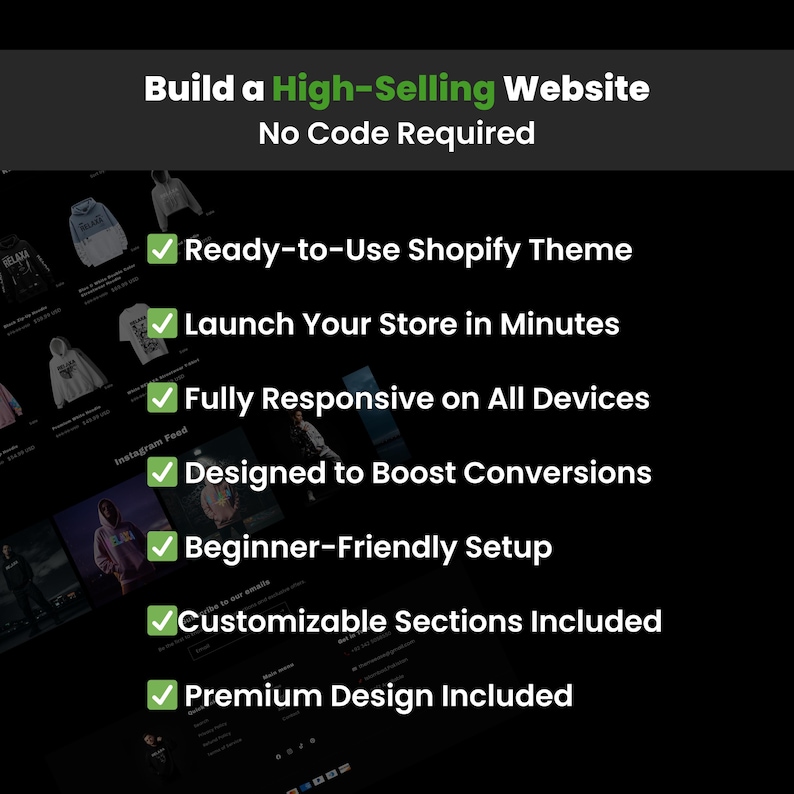 May include: A promotional image with the text "Build a High-Selling Website" and "No Code Required." Features include a ready-to-use Shopify theme, quick store launch, responsive design, conversion-focused design, beginner-friendly setup, customizable sections, and premium design.