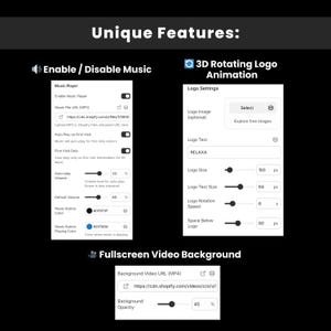 May include: Screenshot showcasing unique features, including music player controls, 3D rotating logo animation settings, and fullscreen video background options. The interface displays adjustable volume, logo size, and opacity settings.