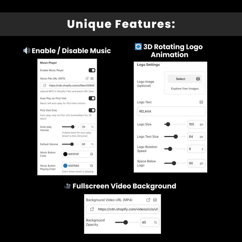 May include: Screenshot showcasing unique features, including music player controls, 3D rotating logo animation settings, and fullscreen video background options. The interface displays adjustable volume, logo size, and opacity settings.