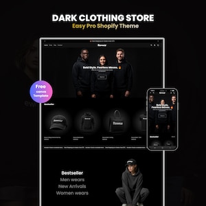 Peut inclure: Maquette de site web pour une boutique de vêtements sombres, présentant un thème Shopify. Le design présente un fond noir avec des présentations de produits, notamment des sweats à capuche, une casquette et un sac fourre-tout. Le texte comprend "DARK CLOTHING STORE" et "Easy Pro Shopify Theme."