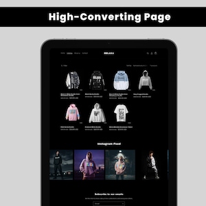 May include: A tablet displays an e-commerce website with a black background. The website showcases various hoodies and t-shirts, with the brand name "RELAXA" visible. Below, an "Instagram Feed" section features lifestyle images. The top of the screen reads "High-Converting Page".
