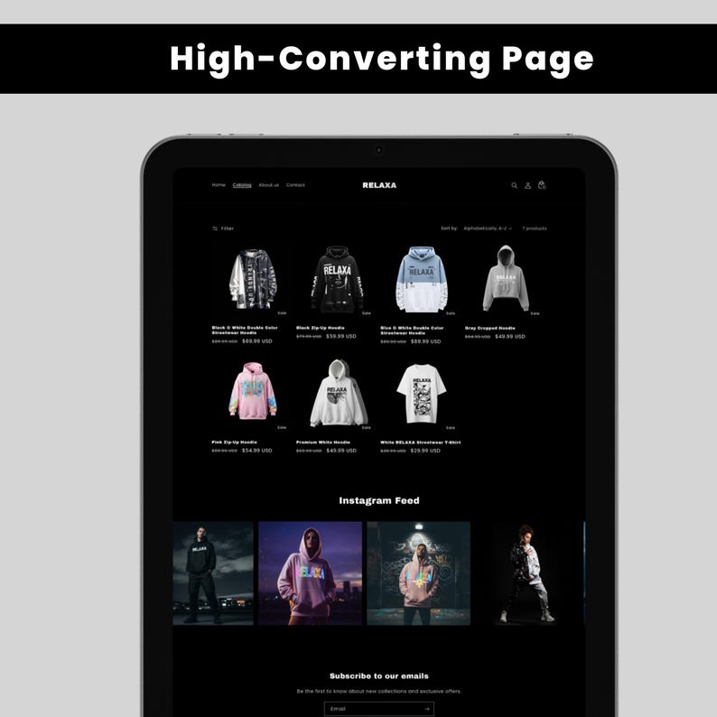 May include: A tablet displays an e-commerce website with a black background. The website showcases various hoodies and t-shirts, with the brand name "RELAXA" visible. Below, an "Instagram Feed" section features lifestyle images. The top of the screen reads "High-Converting Page".