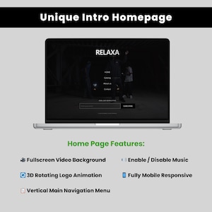 May include: A silver laptop displays a website homepage with the text "RELAXA" and navigation options. The screen shows a dark background with people. Below, the text "Home Page Features" lists features like full-screen video and mobile responsiveness.