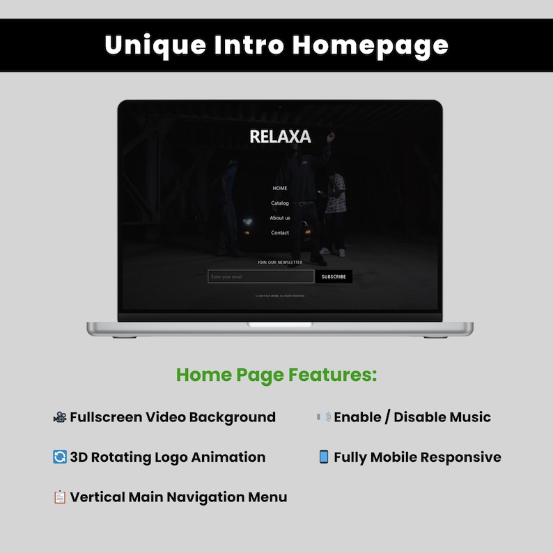 May include: A silver laptop displays a website homepage with the text "RELAXA" and navigation options. The screen shows a dark background with people. Below, the text "Home Page Features" lists features like full-screen video and mobile responsiveness.