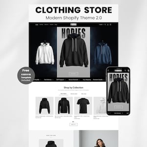 Könnte beinhalten: Ein Website-Mockup für einen Bekleidungsstore, das ein modernes Shopify-Theme zeigt. Das Design zeigt ein Banner mit dem Wort "HODIES" und Bildern von Hoodies in Weiß, Schwarz und Blau. Ein Mobiltelefon zeigt das gleiche Design. Der Text "CLOTHING STORE" steht oben.