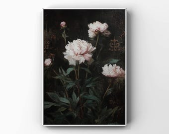 Pintura al óleo de peonías, arte gótico minimalista para imprimir.