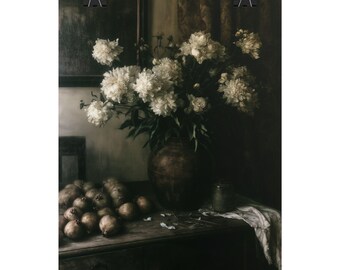 White Peonies Still Life Rolled Poster | Vintage Floral Wall Art