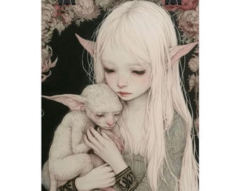 Póster de Niña Elfa Sosteniendo un Cordero / Póster enrollado, lámina de arte fantástico