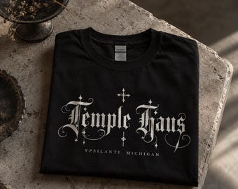 Temple Haus Gothic T-Shirt, Black Unisex Graphic Tee, Old English Lettering, Alternative Minimalist Streetwear, Ypsilanti Michigan