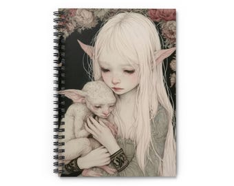 Cuaderno de espiral con diseño de niña elfa sosteniendo un cordero / Diario rayado