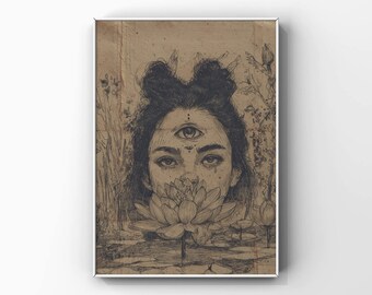 Estanque de nenúfares y ninfa. Arte gótico minimalista para imprimir.