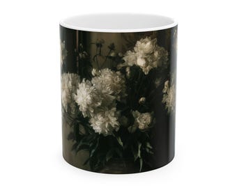 Taza de cerámica con estampado vintage de peonías blancas / Taza de café