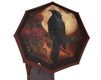 Goth Raven Roses Art Foldable Umbrella, Artistic Moon Night Sky Rain Gear
