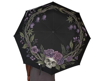Paraguas plegable artístico estilo calavera gótica, verde, morado y negro
