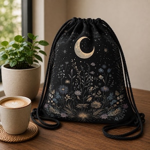 May include: A black drawstring backpack featuring a printed design of a crescent moon surrounded by a field of various wildflowers and small stars. The bag has thick black cord straps and a gathered top closure, showcasing a detailed botanical pattern.